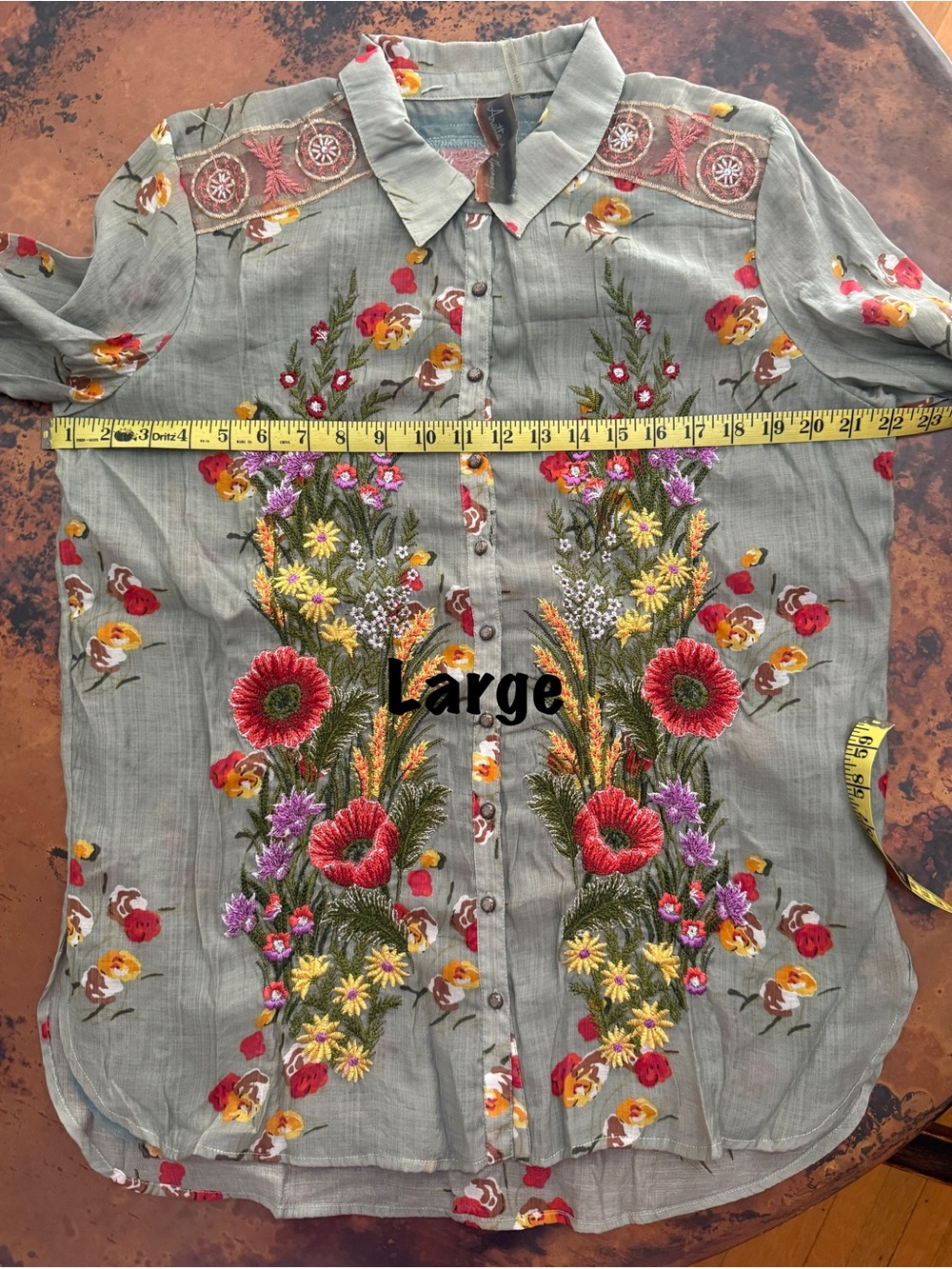 Aratta Mia Grace Floral Embroidered Olive Fall Blouse NWT #cottagecore - Picture 11 of 13